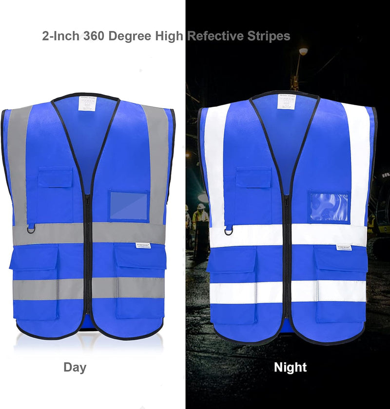 Reflective Safety Vest with Pockets High Visibility Sliver Strip for Men and Women (Blue, Large)