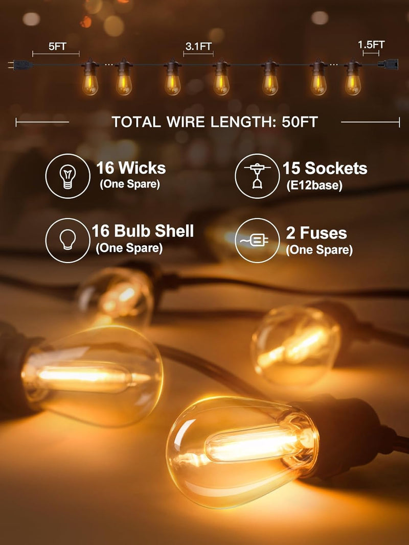 50FT LED Outdoor String Lights with Edison Shatterproof Bulbs, Weatherproof Strand, Commercial Grade Patio Lights, Decorative for Garden or Patio, Black