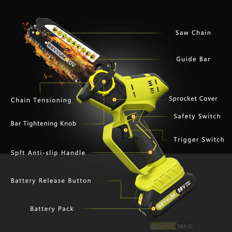 6-Inch Mini Cordless Chainsaw, 2 Batteries, 2 Chains