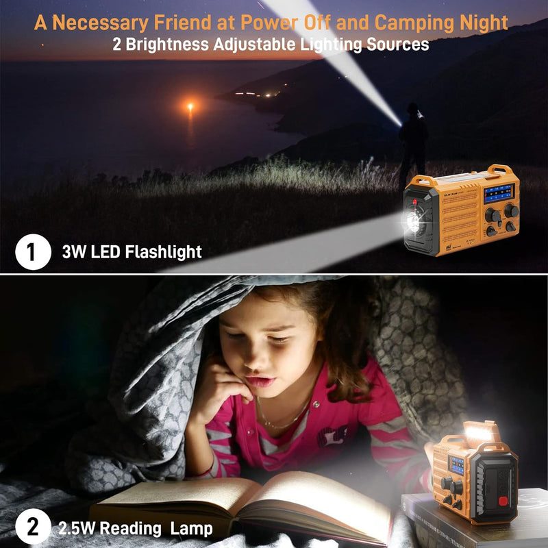 Natural Disaster Radio with NOAA Weather Alert, Portable Solar Hand Crank AM/FM Radio for Survival,Rechargeable Battery Powered Radio,Usb Charger,Flashlight,Reading Lamp,For Home Outdoor