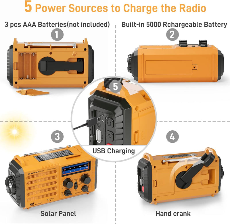 Natural Disaster Radio with NOAA Weather Alert, Portable Solar Hand Crank AM/FM Radio for Survival,Rechargeable Battery Powered Radio,Usb Charger,Flashlight,Reading Lamp,For Home Outdoor