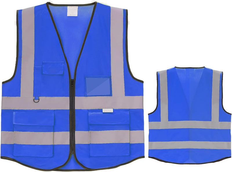 Reflective Safety Vest with Pockets High Visibility Sliver Strip for Men and Women (Blue, Large)