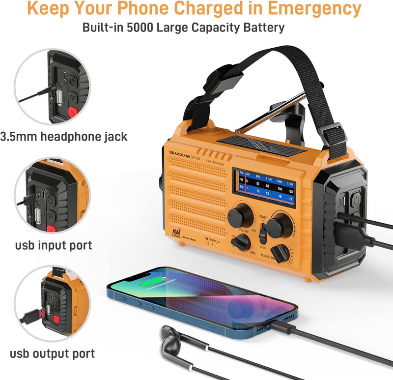 Natural Disaster Radio with NOAA Weather Alert, Portable Solar Hand Crank AM/FM Radio for Survival,Rechargeable Battery Powered Radio,Usb Charger,Flashlight,Reading Lamp,For Home Outdoor