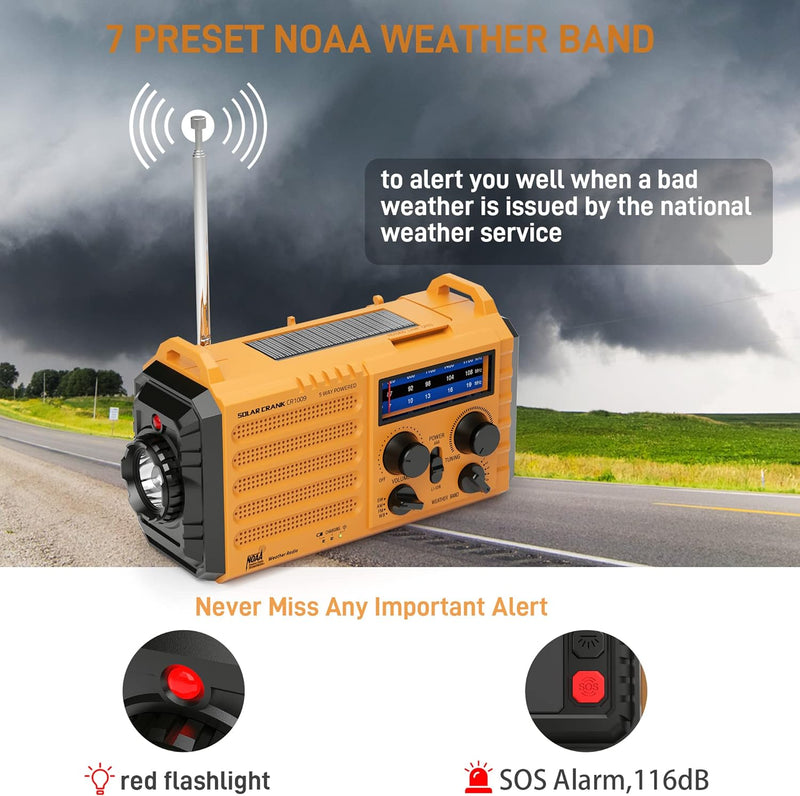 Natural Disaster Radio with NOAA Weather Alert, Portable Solar Hand Crank AM/FM Radio for Survival,Rechargeable Battery Powered Radio,Usb Charger,Flashlight,Reading Lamp,For Home Outdoor