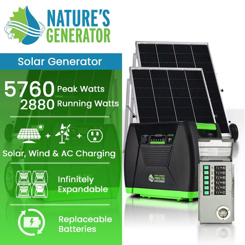 ELITE 3600-Watt/5760W Peak Push Button Start Solar Powered Portable Generator W/ Power Pod, Transfer Kit, 4 Solar Panels