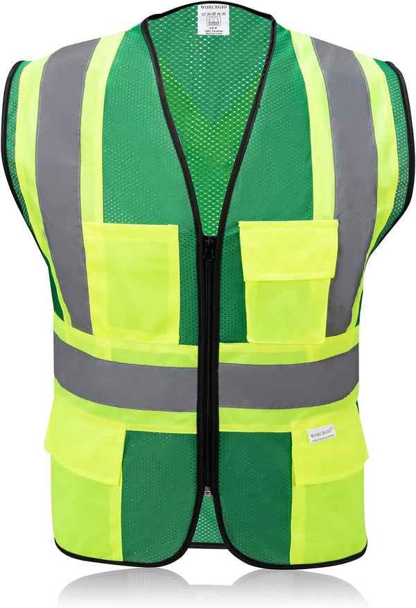 Safety Vest with X-Shaped High Visibility Reflective Strip Including Zipper & Breathable Mesh Cloth (Green, X-Large)