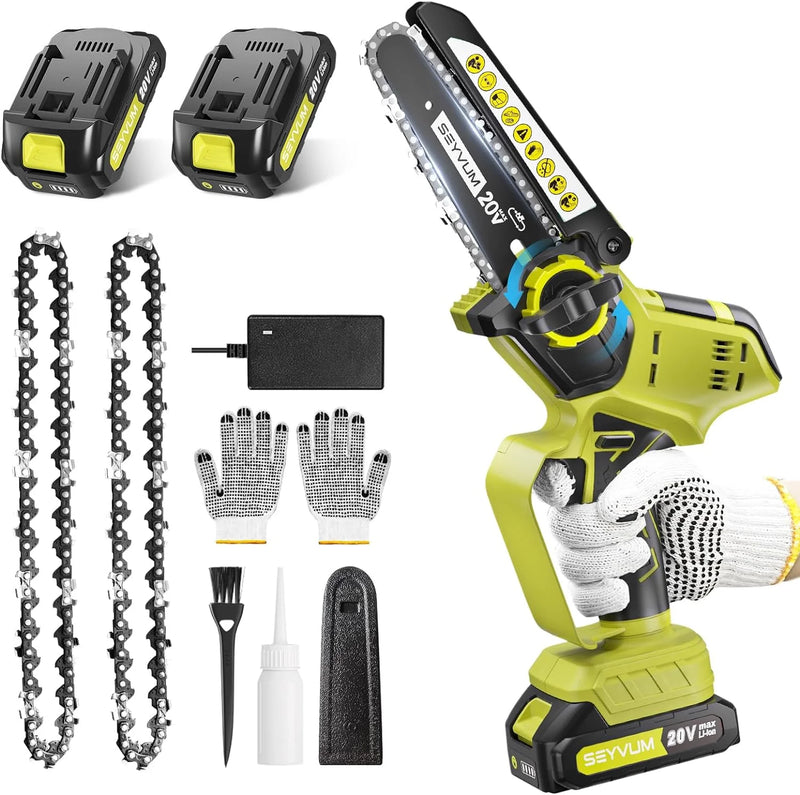 6-Inch Mini Cordless Chainsaw, 2 Batteries, 2 Chains