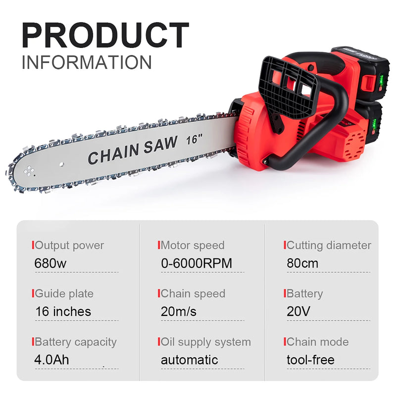 Cordless Chainsaw, 16 Inch Brushless Chain Saw Battery Powered Chainsaw with Battery and Charger