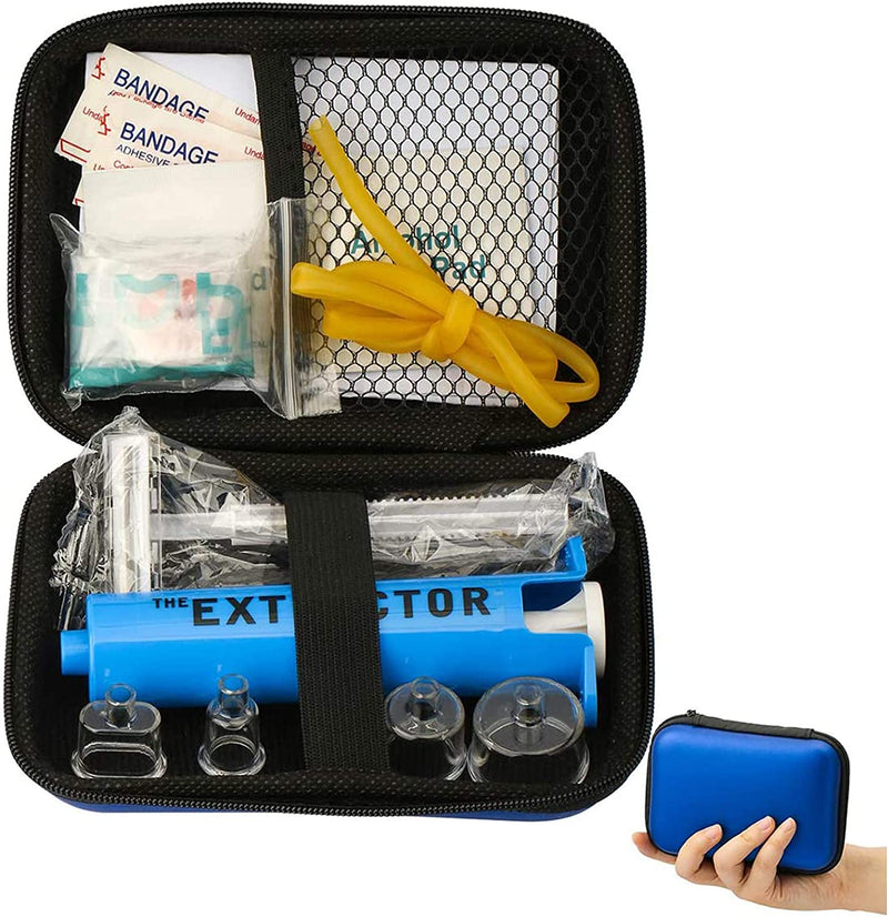 Snake Bite Kit, Bee Sting Kit, Emergency First Aid Supplies, Venom Extractor Suction Pump, Bite and Sting First Aid for Hiking, Backpacking and Camping. Includes Bonus CPR Face Shield (Blue)