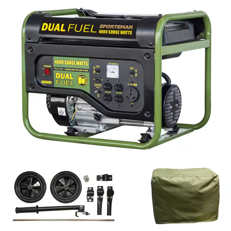 4,000-Watt/3,500-Watt Recoil Start Dual Fuel Powered Portable Generator with Protective Cover and Wheel Kit