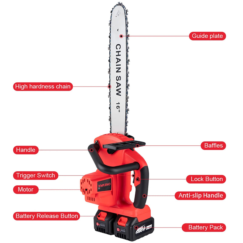 Cordless Chainsaw, 16 Inch Brushless Chain Saw Battery Powered Chainsaw with Battery and Charger