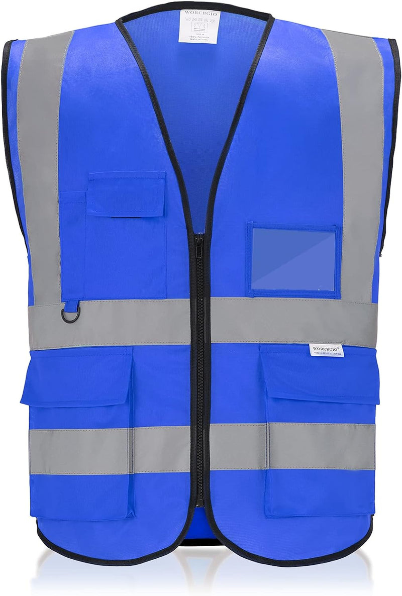 Reflective Safety Vest with Pockets High Visibility Sliver Strip for Men and Women (Blue, Large)